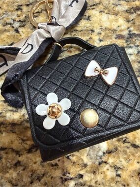 Quilted Black Mini Bag Keychain or purse charm with Floral & Bow Accents